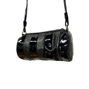 Vintage Barrel Purse Black Striped Pattern Patent Leather Crossbody Bag